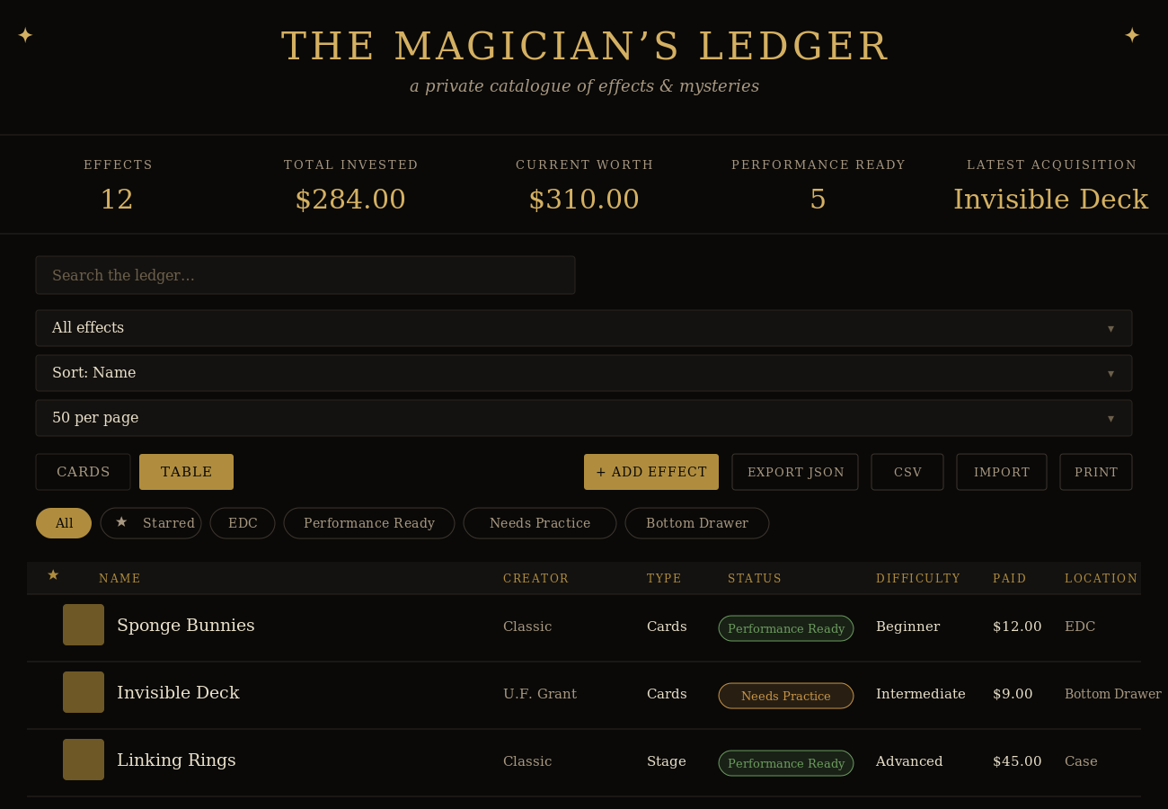 Preview of the Magician's Ledger app, showing sample effects in a table view